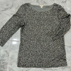 Women’s J.Crew gray sequin top. Size medium with three-quarter length sleeves.